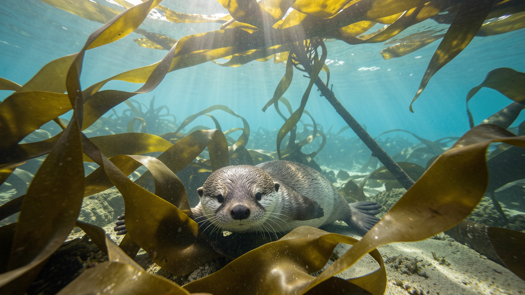 Sea otter floating among kelp in Monterey Bay