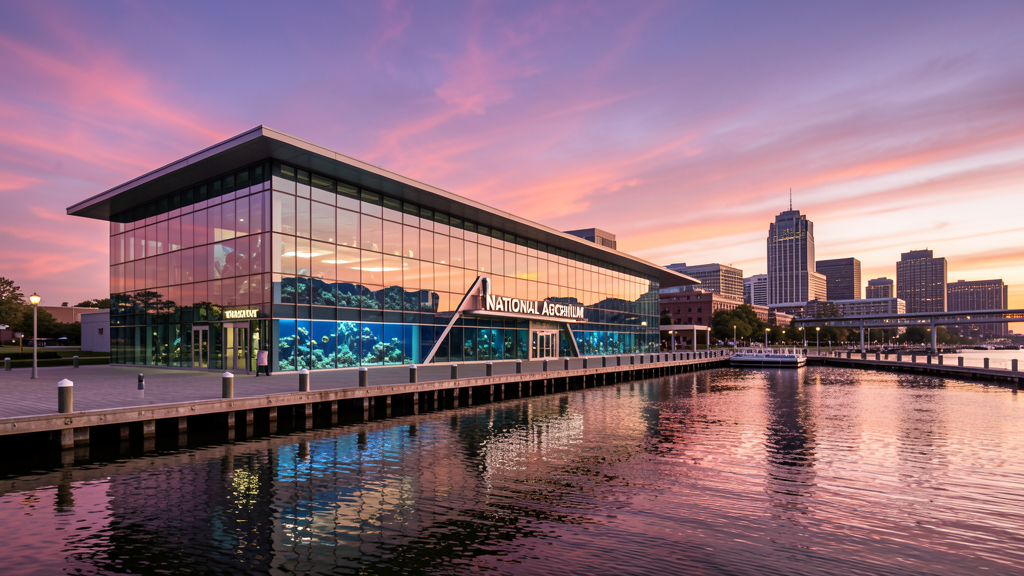 National Aquarium Baltimore waterfront building at sunset
