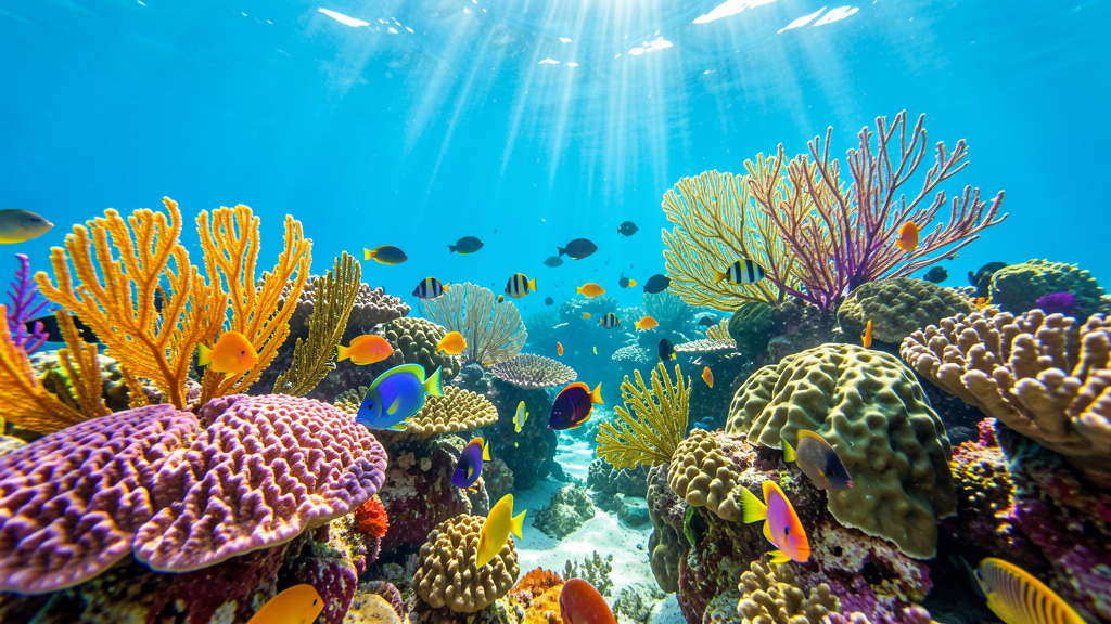 Colorful coral reef teeming with tropical fish