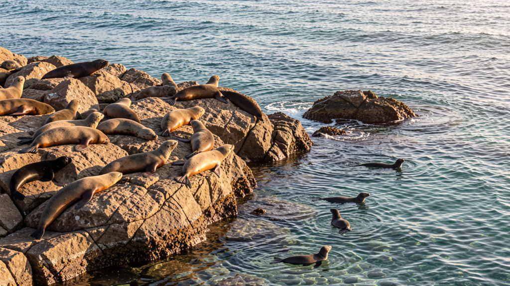 Sea lion colony basking on California rocks