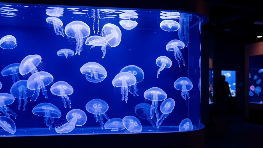 Glowing jellyfish in aquarium display tank