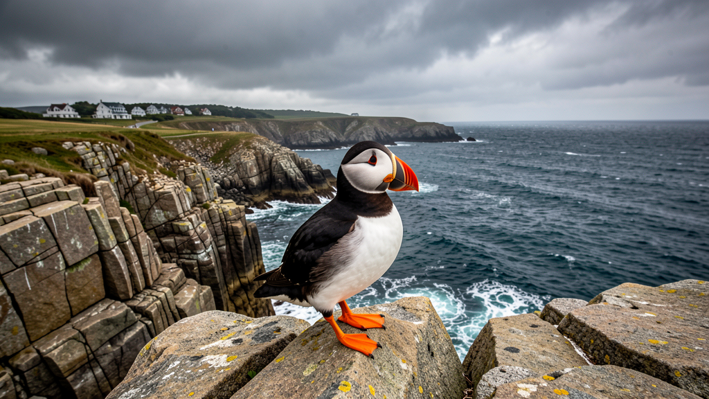 Atlantic puffin on granite coastal cliffs in Maine