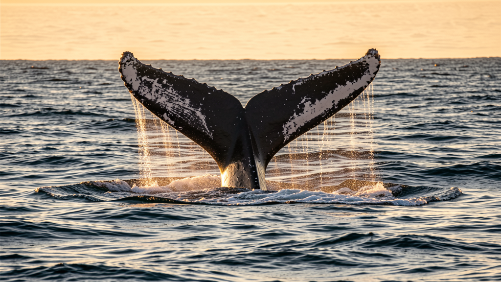 Humpback whale tail fluking as whale dives